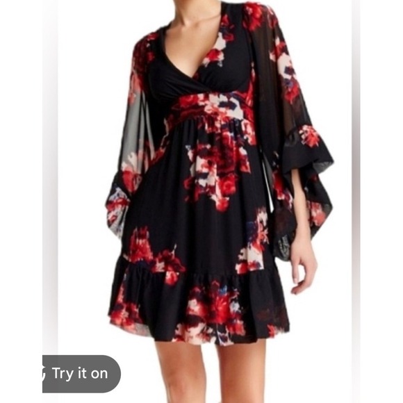 Betsey Johnson Dresses & Skirts - Betsey Johnson Floral Bell Sleeve Mini Dress Dark Romantic Date 90s Y2K V-Neck